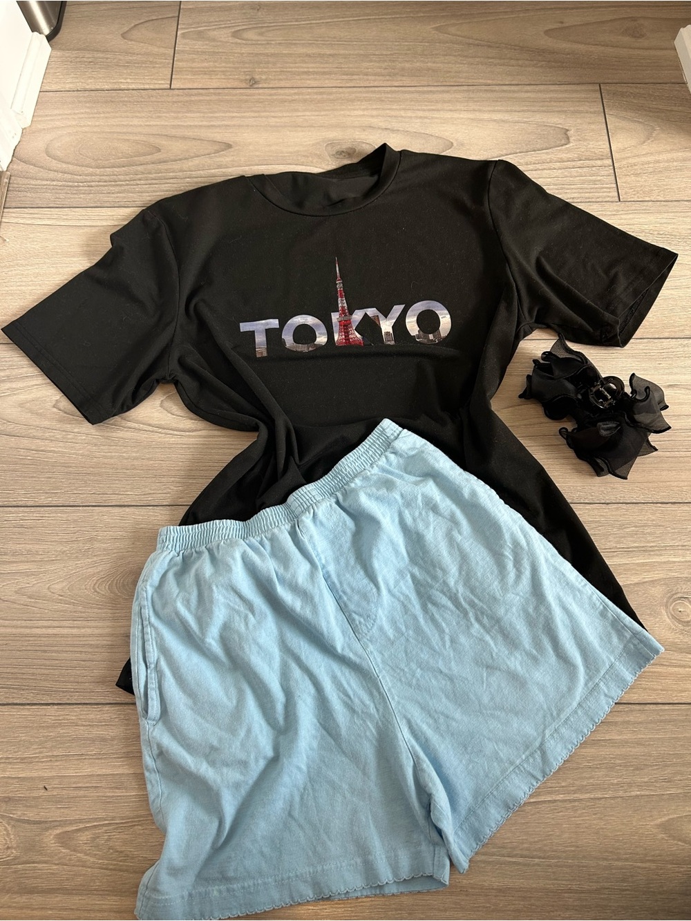 Black 'TOKYO' Graphic Tee with Sky Blue Shorts